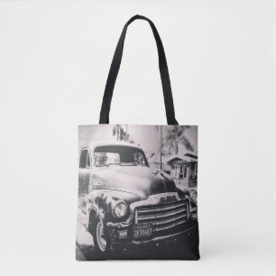 GRAYSCALE PHOTOGRAPHY OF CAR TOTE BAG