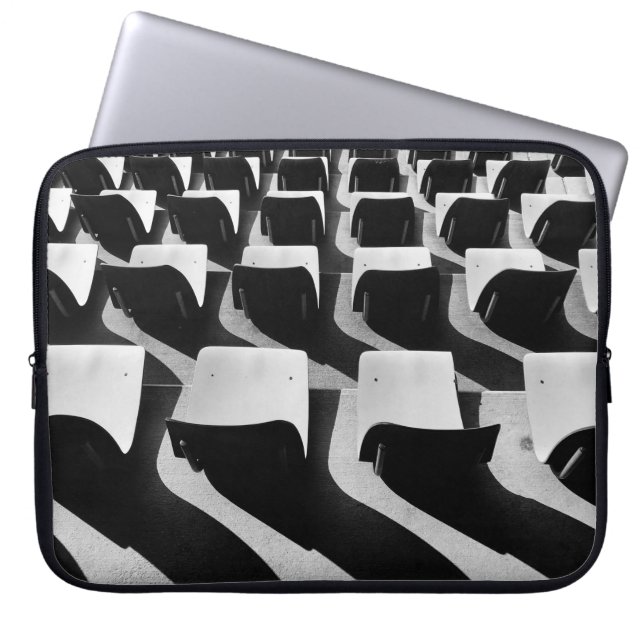 Grayscale photography of chairs with no people laptop sleeve (Front)