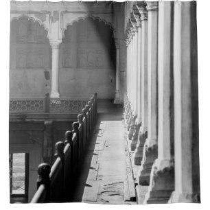 GRAYSCALE PHOTOGRAPHY OF CORRIDOR SHOWER CURTAIN
