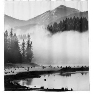 GRAYSCALE PHOTOGRAPHY OF LAKE NEAR PINE TREES SHOWER CURTAIN