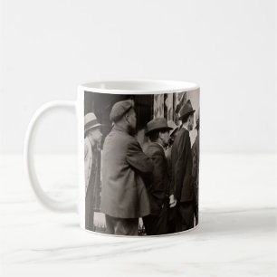 GRAYSCALE PHOTOGRAPHY OF MEN STANDING NEAR HOUSE COFFEE MUG