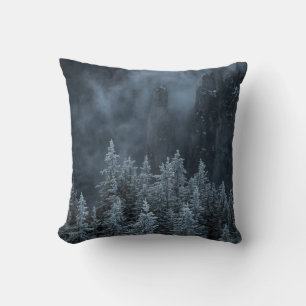 GRAYSCALE PHOTOGRAPHY OF MOUNTAIN AND TREES COVERE CUSHION