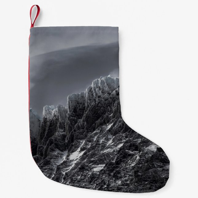 GRAYSCALE PHOTOGRAPHY OF MOUNTAIN SMALL CHRISTMAS STOCKING (Front)