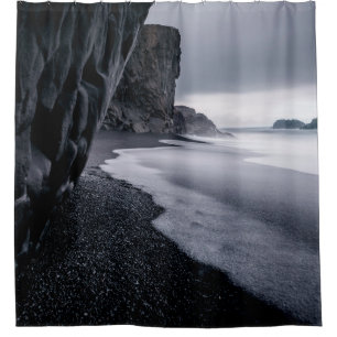 GRAYSCALE PHOTOGRAPHY OF SEASHORE AND CALM SEA SHOWER CURTAIN