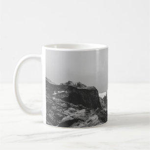 GRAYSCALE PHOTOGRAPHY OF SNOW COVER MOUNTAIN COFFEE MUG