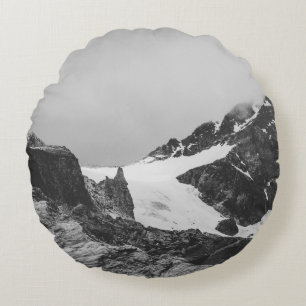 GRAYSCALE PHOTOGRAPHY OF SNOW COVER MOUNTAIN ROUND CUSHION