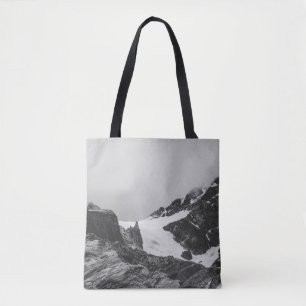 GRAYSCALE PHOTOGRAPHY OF SNOW COVER MOUNTAIN TOTE BAG