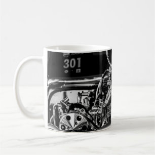 GRAYSCALE PHOTOGRAPHY OF VINTAGE CAR ENGINE COFFEE MUG
