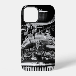 GRAYSCALE PHOTOGRAPHY OF VINTAGE CAR ENGINE iPhone 12 CASE