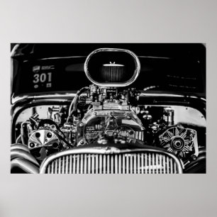 GRAYSCALE PHOTOGRAPHY OF VINTAGE CAR ENGINE POSTER