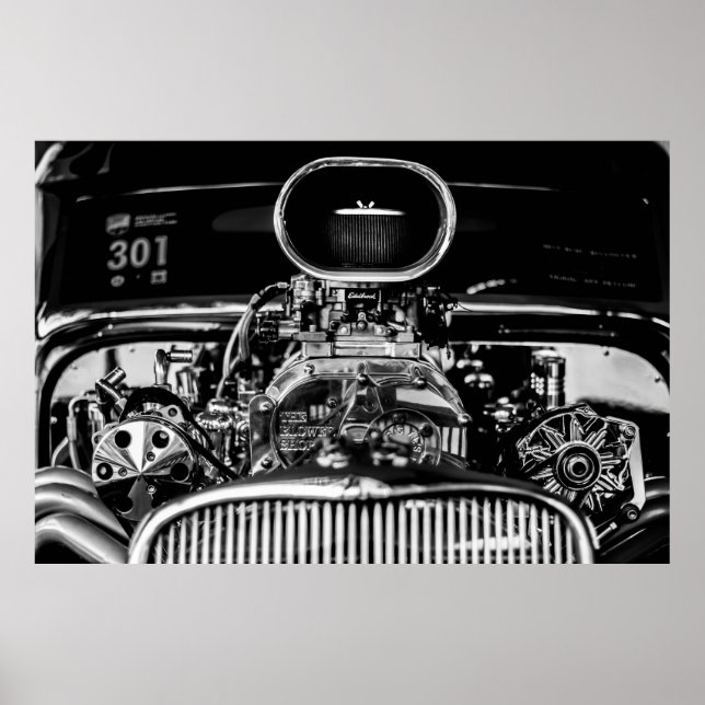 GRAYSCALE PHOTOGRAPHY OF VINTAGE CAR ENGINE POSTER (Front)