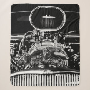 GRAYSCALE PHOTOGRAPHY OF VINTAGE CAR ENGINE SHERPA BLANKET