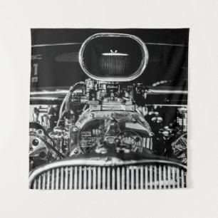GRAYSCALE PHOTOGRAPHY OF VINTAGE CAR ENGINE TAPESTRY