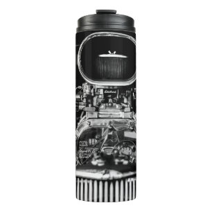 GRAYSCALE PHOTOGRAPHY OF VINTAGE CAR ENGINE THERMAL TUMBLER