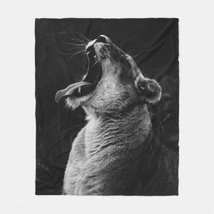 GRAYSCALE PHOTOGRAPHY OF YAWNING LIONESS FLEECE BLANKET