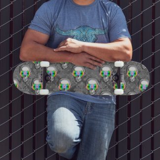 Grayscale Skull Pattern Neon Accent Edgy Street Skateboard