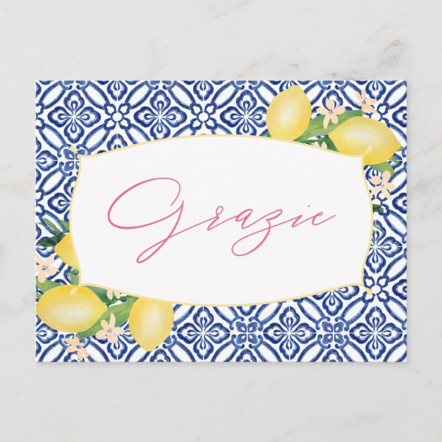 Grazie Italian Lemons Blue Tiles Shower Thank You Postcard (Front)