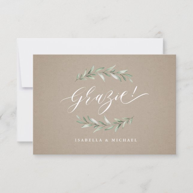 Grazie! Kraft Simple calligraphy rustic greenery Thank You Card (Front)