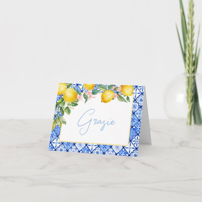Grazie Lemons Italian Blue Tiles Bridal Shower Thank You Card (Front)