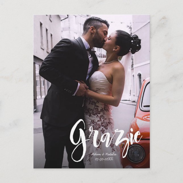 Grazie, Modern, Script • Photo, Names & date Announcement Postcard (Front)
