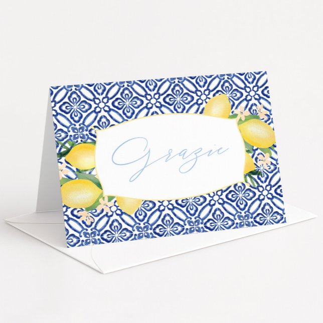 Grazie Watercolor Lemons Blue Italian Tiles Thank You Card (Grazie watercolor lemons blue tiles Italian theme bridal shower thank you card)