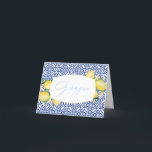 Grazie Watercolor Lemons Blue Italian Tiles Thank You Card<br><div class="desc">Watercolor lemons and glossy green leaves are complemented by a classic blue / white azulejo tile pattern.</div>