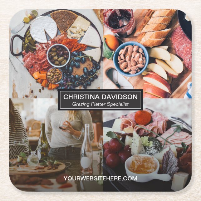 Grazing Board Business Card Photo Collage Square Paper Coaster (Front)