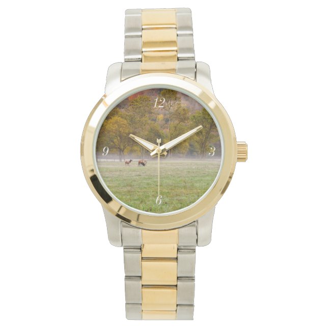 Grazing Elk Couple Gold and Silver Watch (Front)