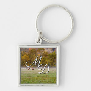 Grazing Elk Couple Square Keychain