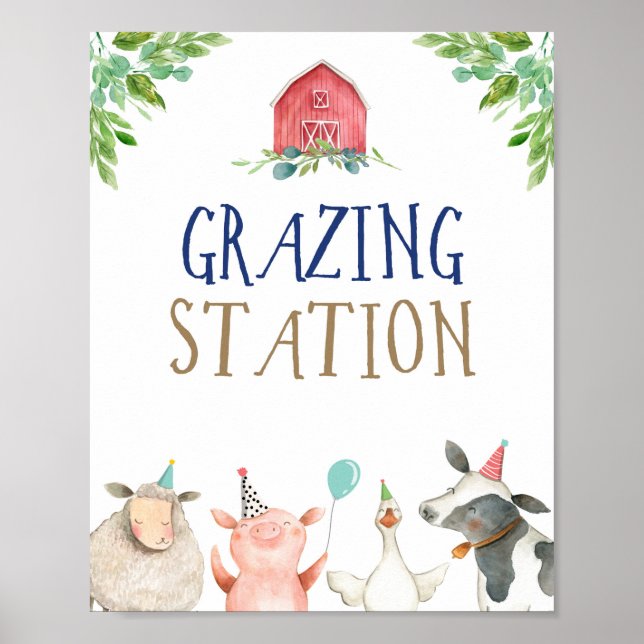 Grazing Station Farm Animals Barnyard Boy Birthday Poster (Front)