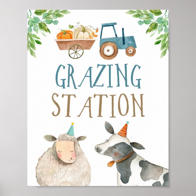 Grazing Station Farm Animals Pumpkin Boy Birthday Poster (Front)