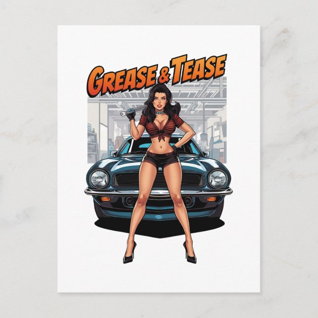 Grease & Tease – Hot Rod Pin-Up Girl Postcard (Front)