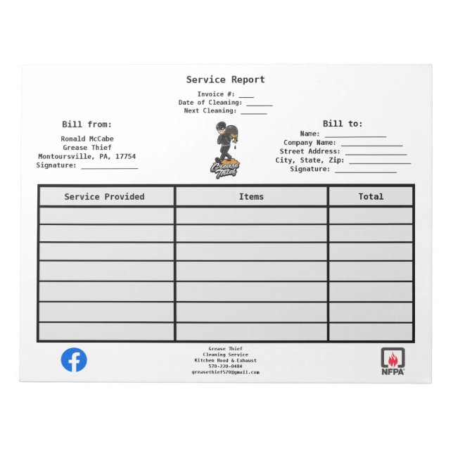 Grease Thief Service Report Notepad (Front)