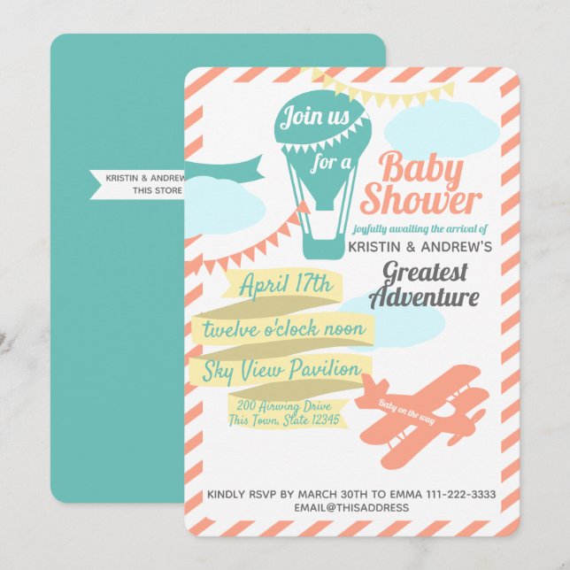 Great Adventure Hot Air Balloon and Aeroplane Invitation (Front/Back)