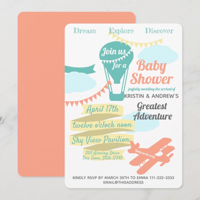 Great Adventure Hot Air Balloon and Aeroplane Invitation (Front/Back)