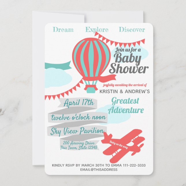Great Adventure Hot Air Balloon and Aeroplane Invitation (Front)