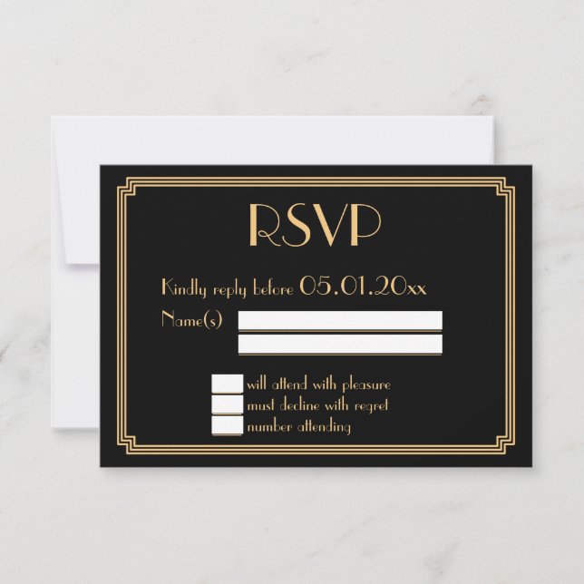 Great Art Deco Black Gold Wedding RSVP Card (Front)