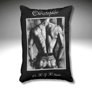 Great Back Guy in Tight Jeans Name Caption Black Decorative Cushion