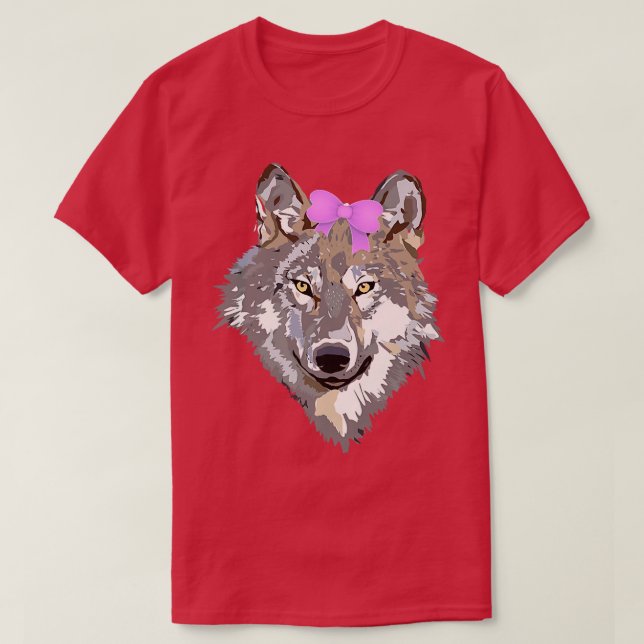 Great Big Wolf Face Girl Pink Bow Tee Funny Wolf G (Design Front)