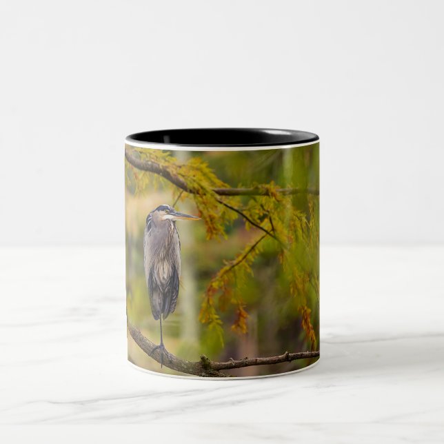Great Blue Heron Among Fall Leaves Coffee Mug (Center)