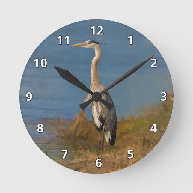 Great Blue Heron Bird at the Pond Round Clock (Front)