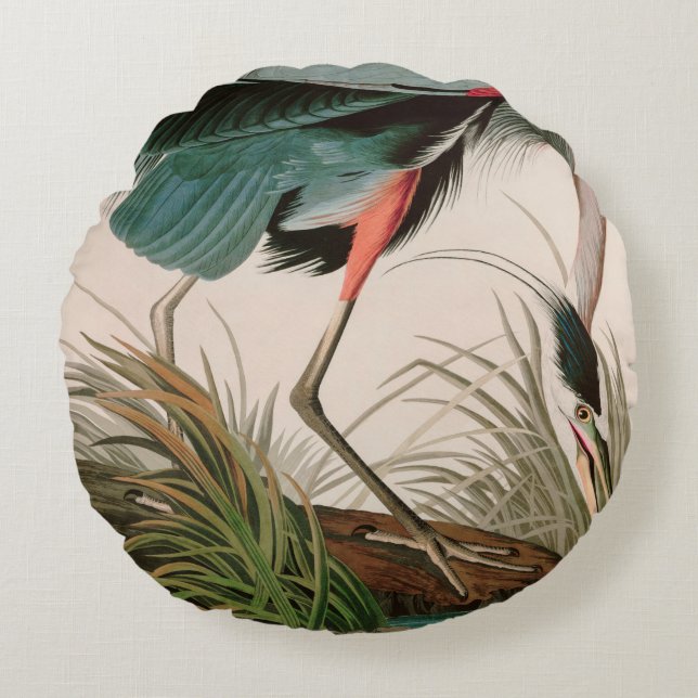 Great Blue Heron Birds of America Audubon Print Round Cushion (Front)