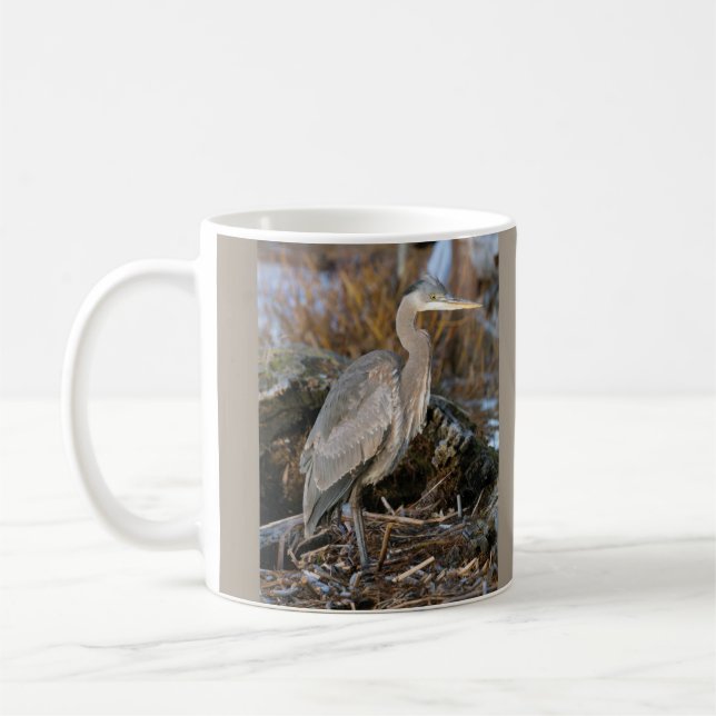 Great Blue Heron by a Pond Photo Coffee Mug (Left)