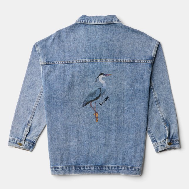 Great blue heron cartoon illustration  denim jacket (Back)
