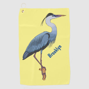 Great blue heron cartoon illustration golf towel