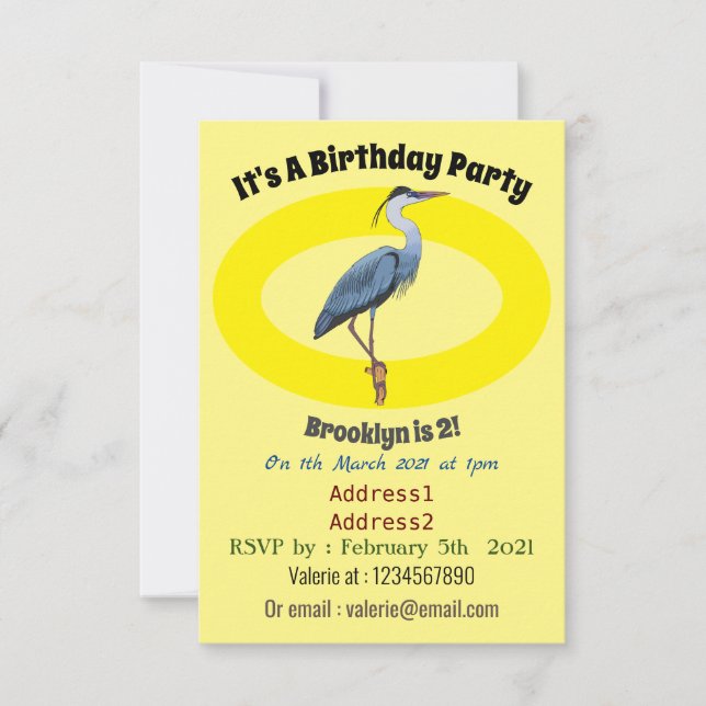 Great blue heron cartoon illustration invitation (Front)