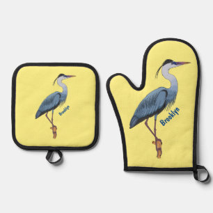 Great blue heron cartoon illustration  oven mitt & pot holder set