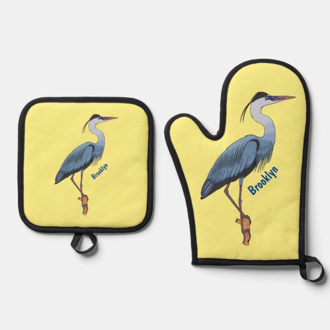 Great blue heron cartoon illustration  oven mitt & pot holder set (Front)