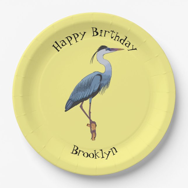 Great blue heron cartoon illustration paper plate (Front)