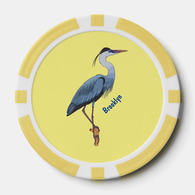 Great blue heron cartoon illustration  poker chips (Front)